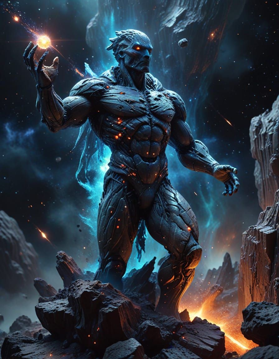 Sculptor Carving Asteroid Statue in Ethereal Nebula