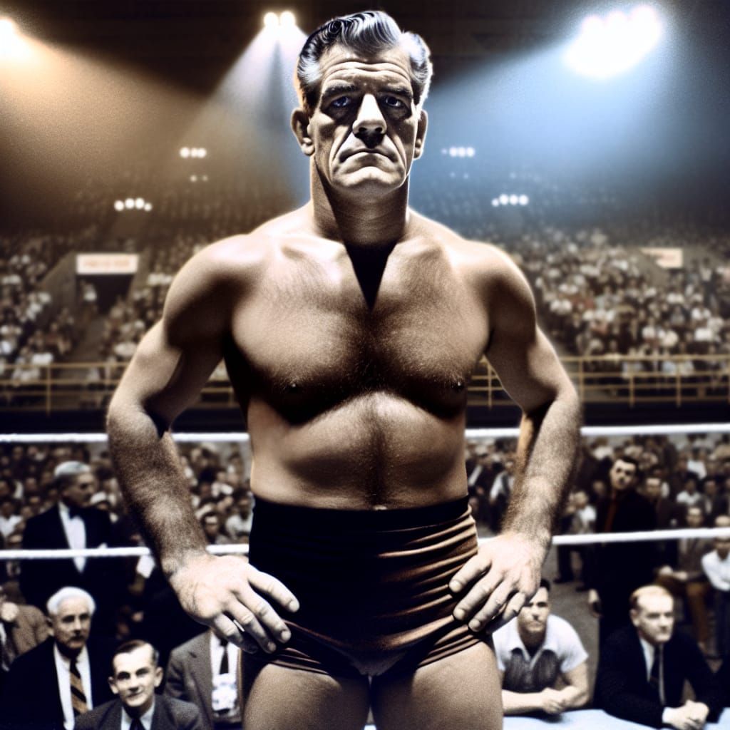 1950s Wrestler with a Stern Expression in the Ring
