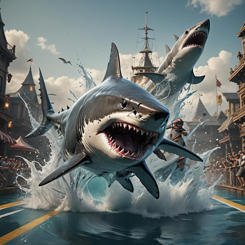 Shark Races with Prosthetic Flipper in Digital Painting