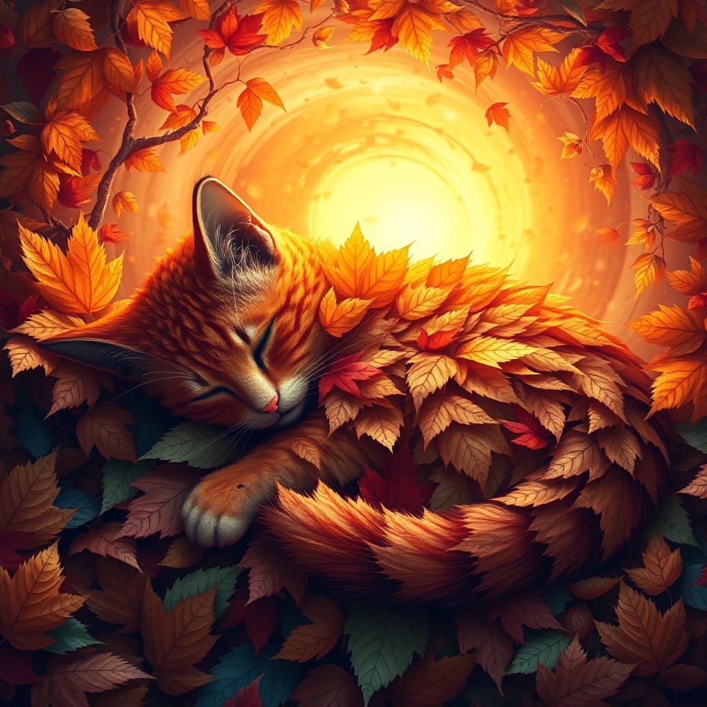 Autumn Leaf Cat in Enchanted Forest Concept Art