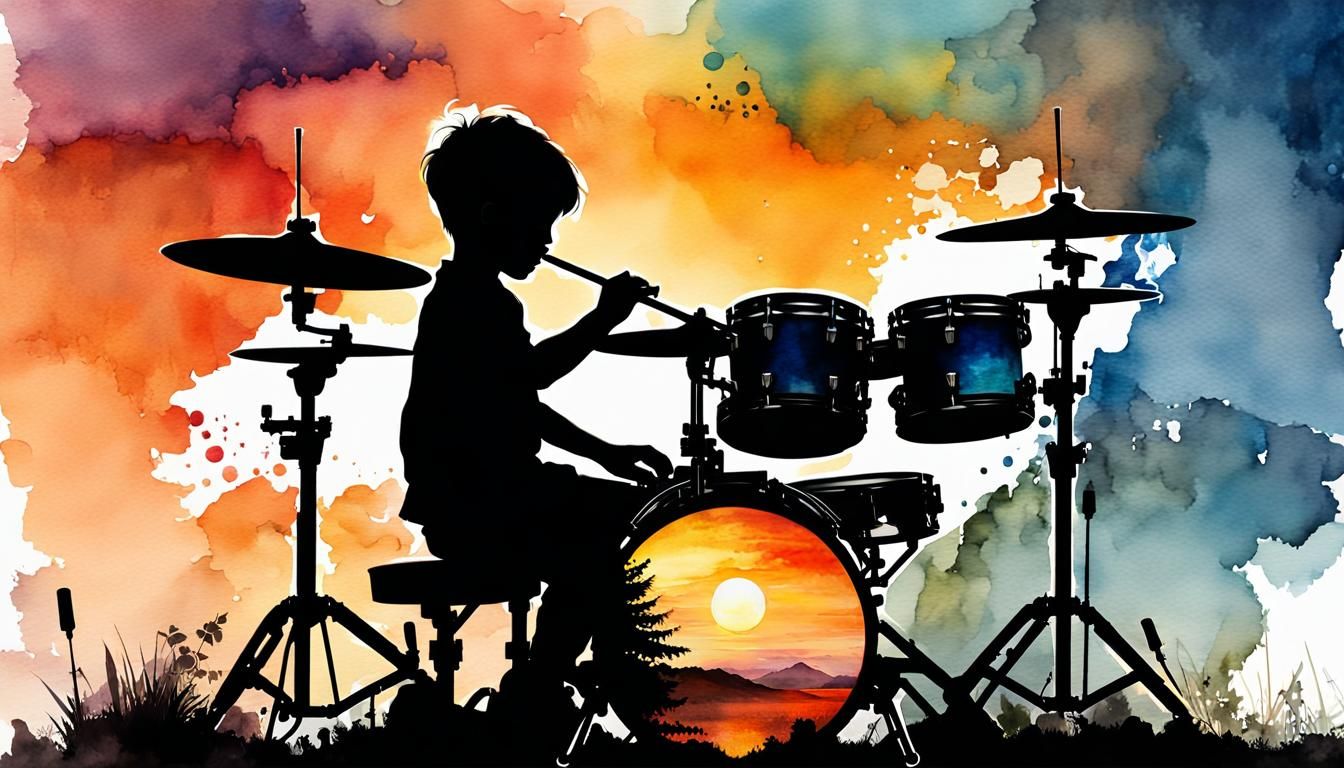 Silhouette Drummer in Watercolor Fantasy Realm