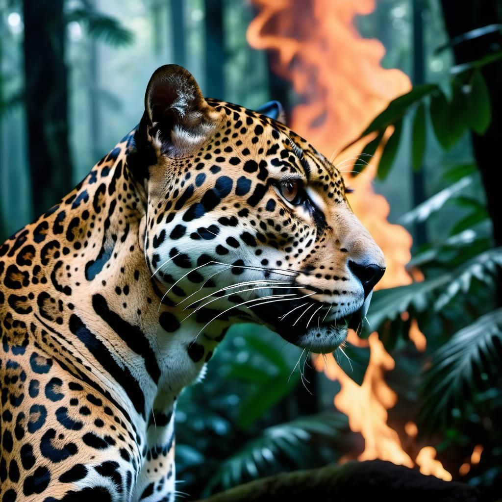Jaguar Silhouette Merged with Rainforest Fire: Double Exposu...