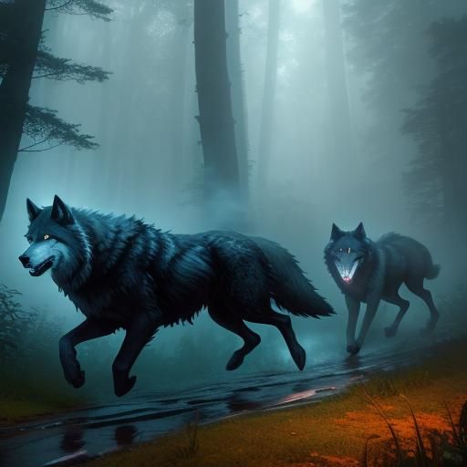 Wolves Run Through Lush Forest in Fantasy Art Style