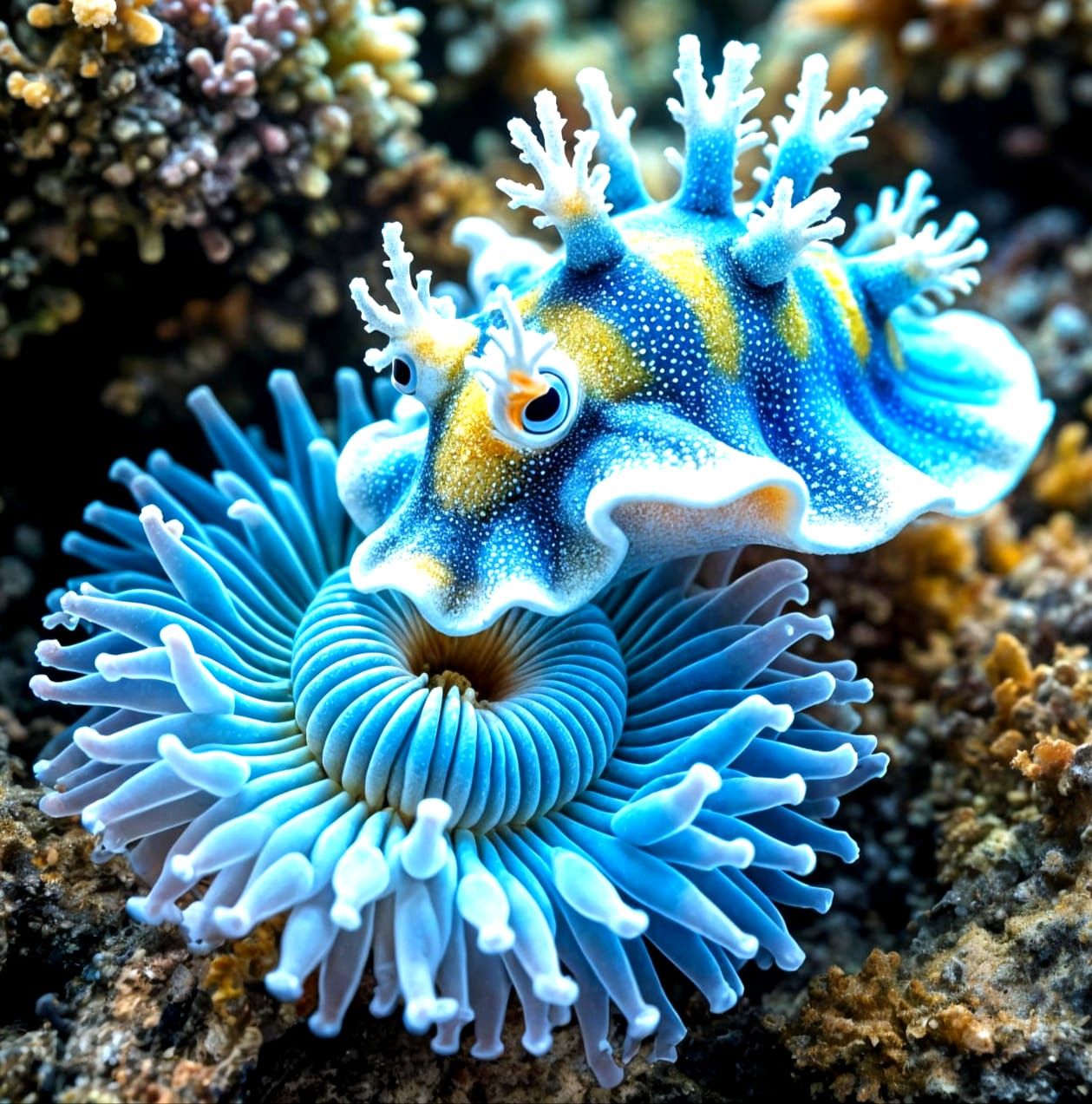 Realistic Glaucus Atlanticus Nudibranch Above Blue Anemone