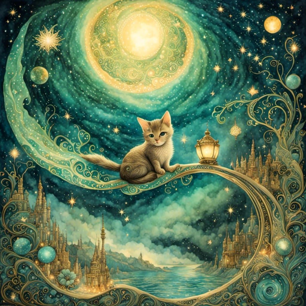 Whimsical Cosmic Cat Watercolor Collage