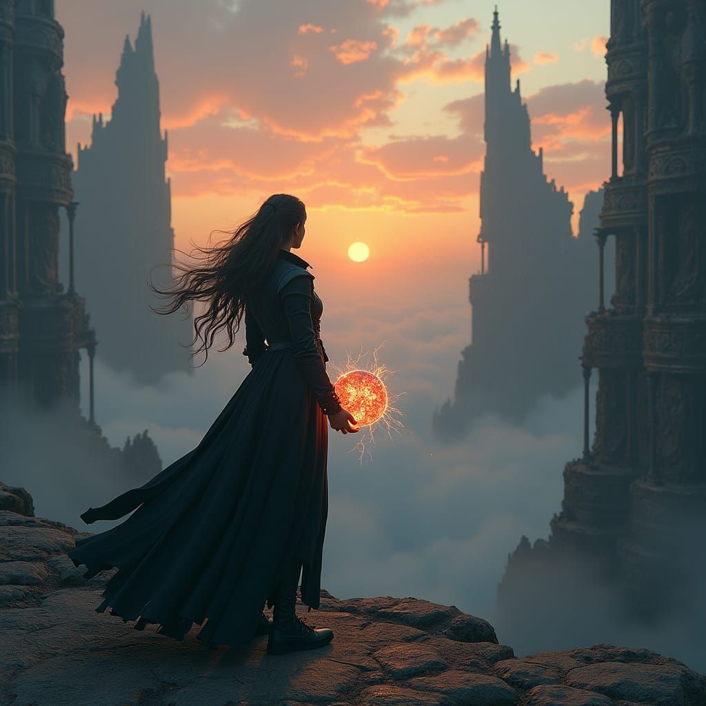 Mystical Cityscape: Woman with Energy Orb in High-Fantasy St...