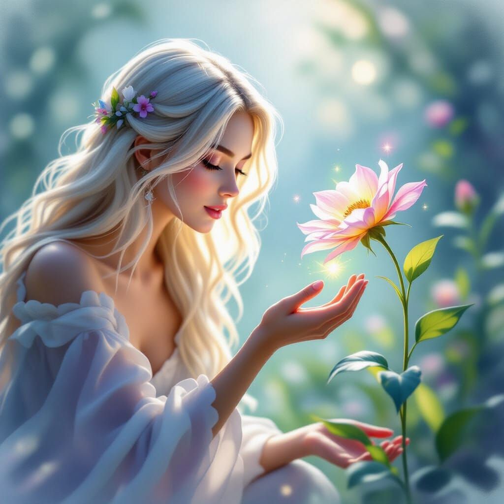 Spectral Figure Revives Flower in Watercolor Style