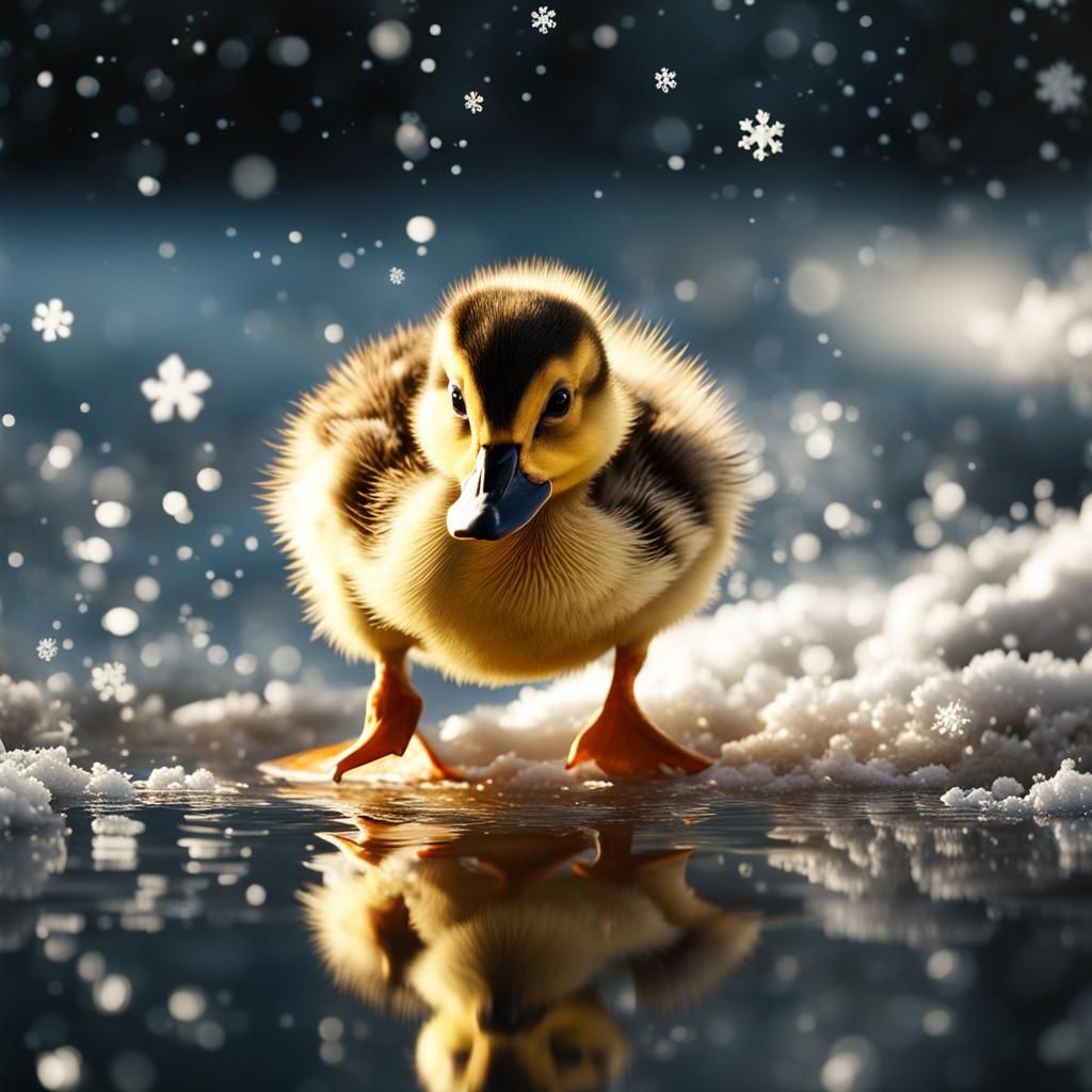 Duckling in Snowy Puddle: Photorealistic Fine Art