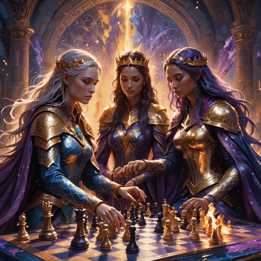 Goddesses Play Chess in a Fantasy Landscape