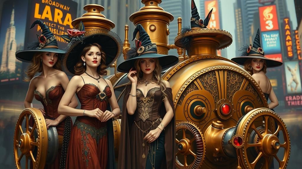 Witches and Steampunk Engine in Art Deco Style