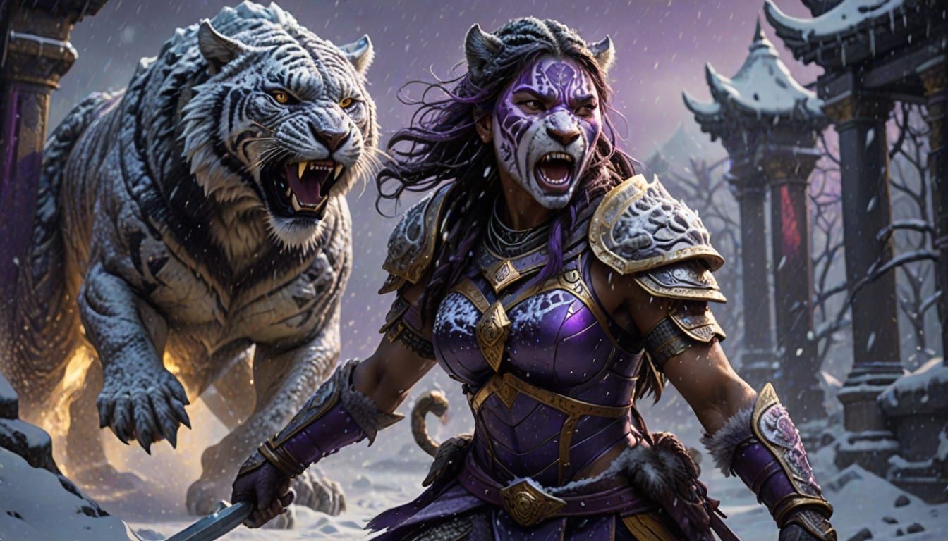 Armored Warrior Woman on Sabertooth Tiger in Dark Fantasy St...