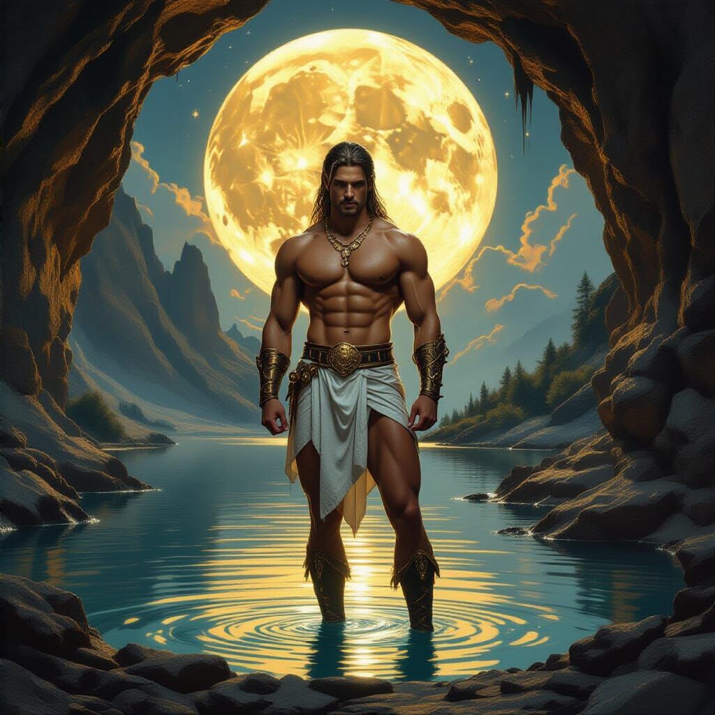 Mystical Athletic Man in Moonlit Cave