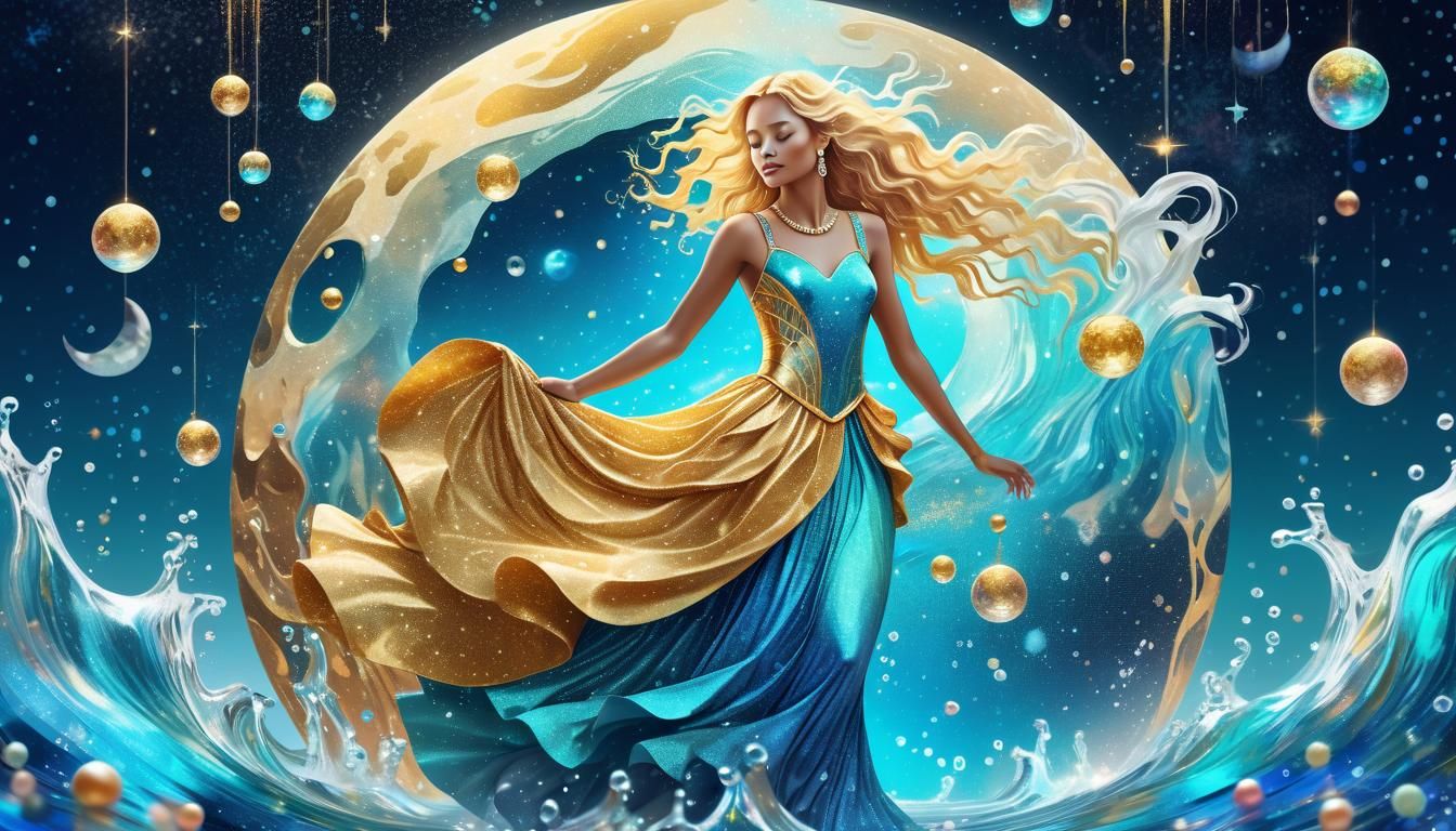 Celestial Woman in Water Dress: Cosmic Illustration