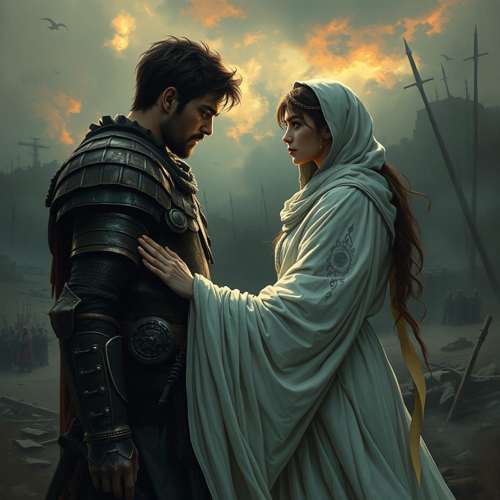 Warrior and Spirit Healer in War-Torn Landscape