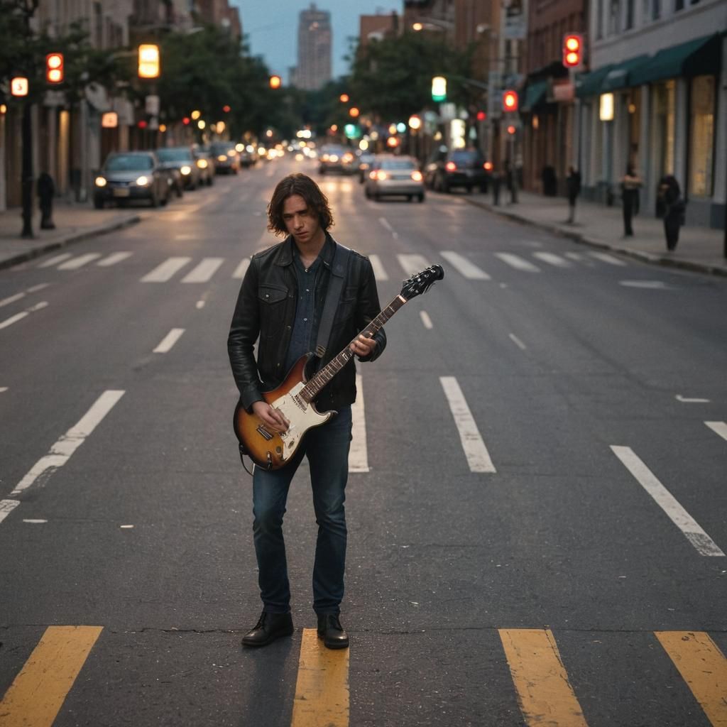 Guitarist in Empty Street: Moody Street Photography