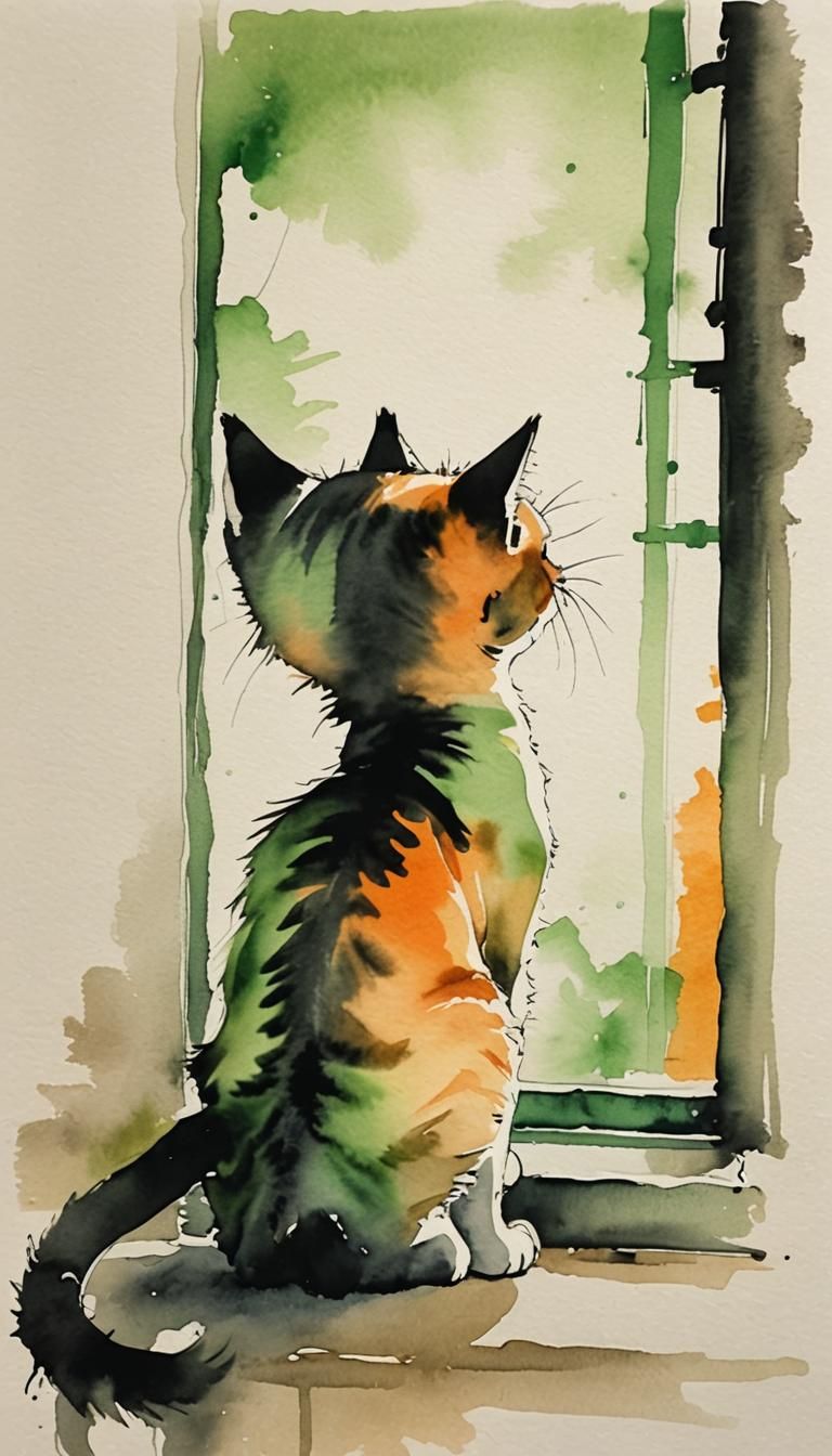 Minimalist Ink Painting of Kitten at Window