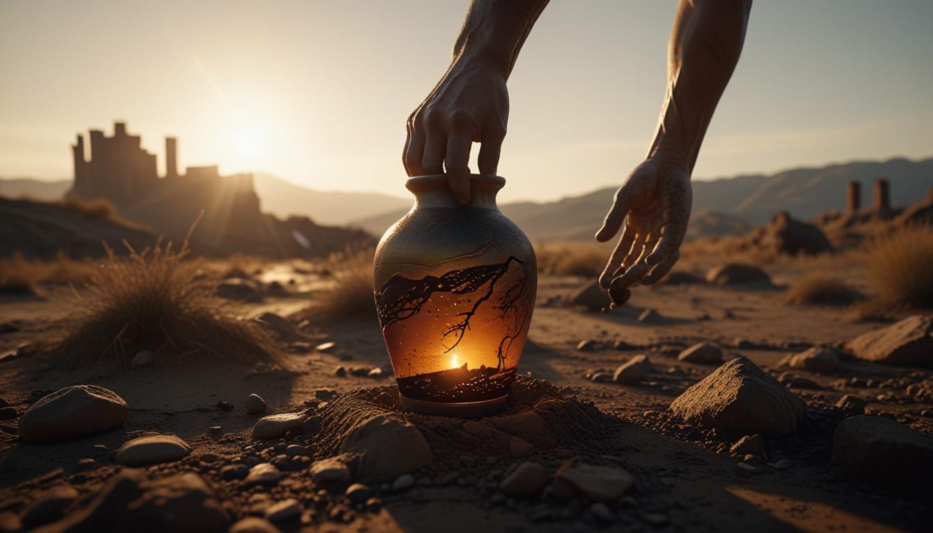 Surreal Arm Holds Glowing Vase in Desolate Landscape