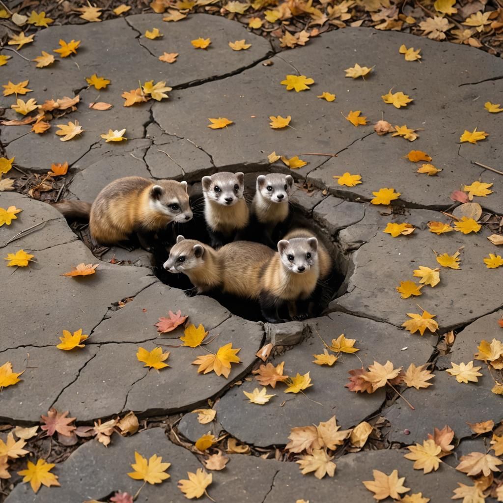 Black-Footed Ferrets Meet at Forest Pool in Autumn