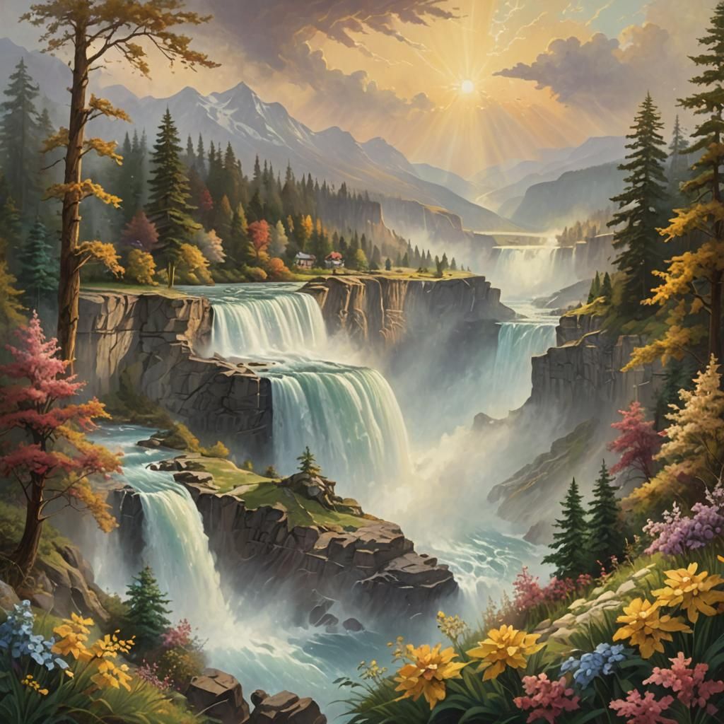 Niagara Falls Oil Painting in Golden Light