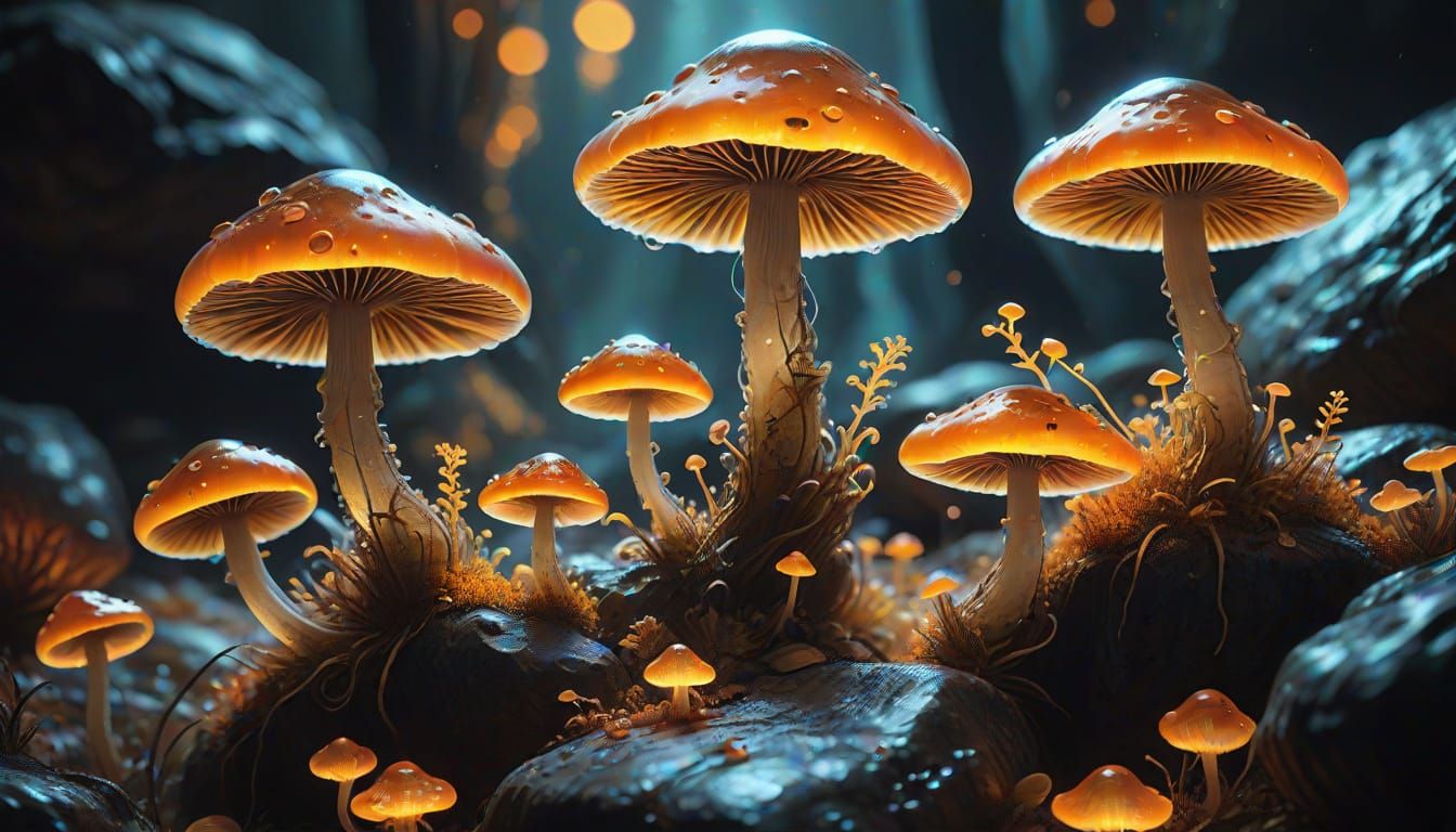 Orange Glowing Fungi in Hyper-Realistic Style