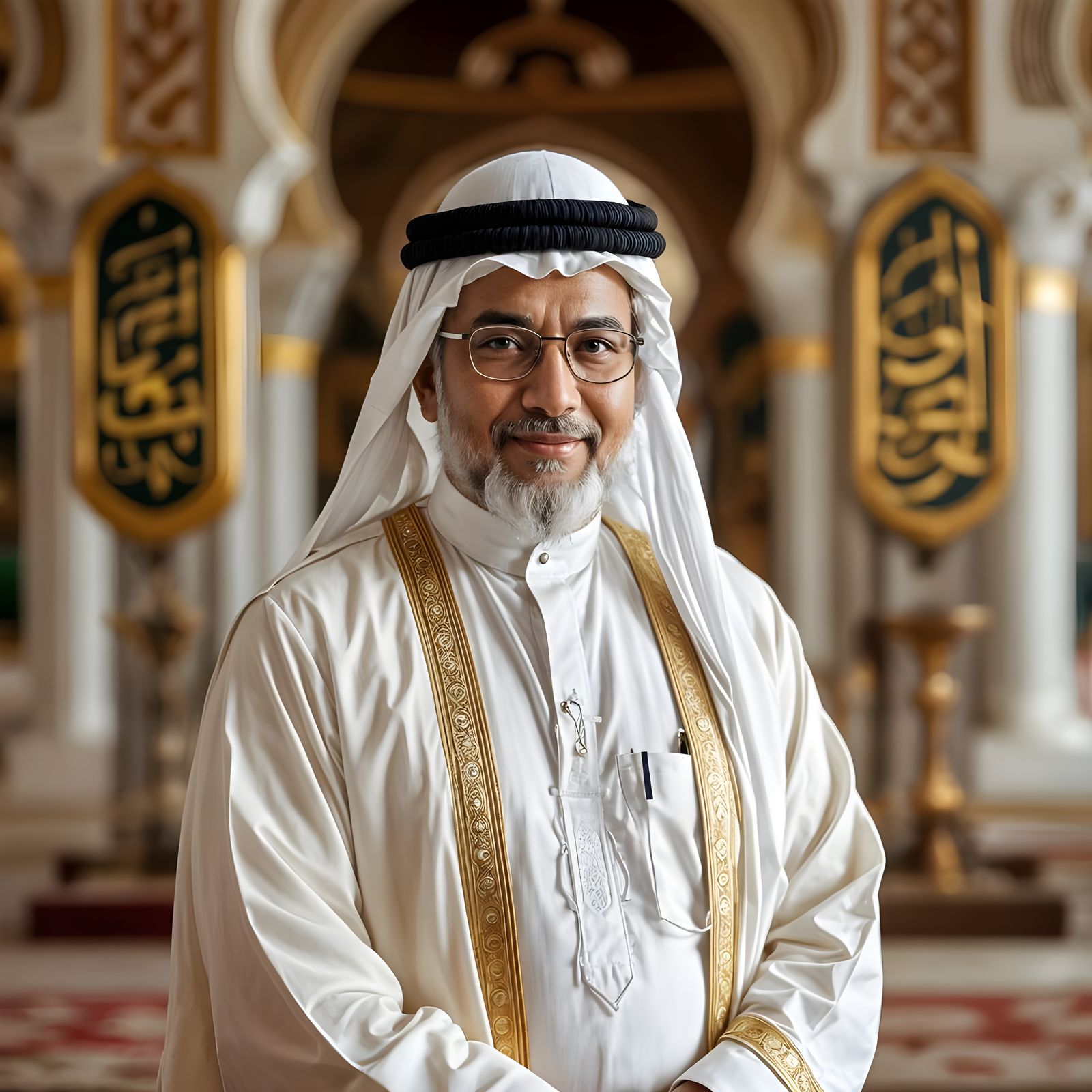 Islamic Guru in Mosque with Arabic Calligraphy Art