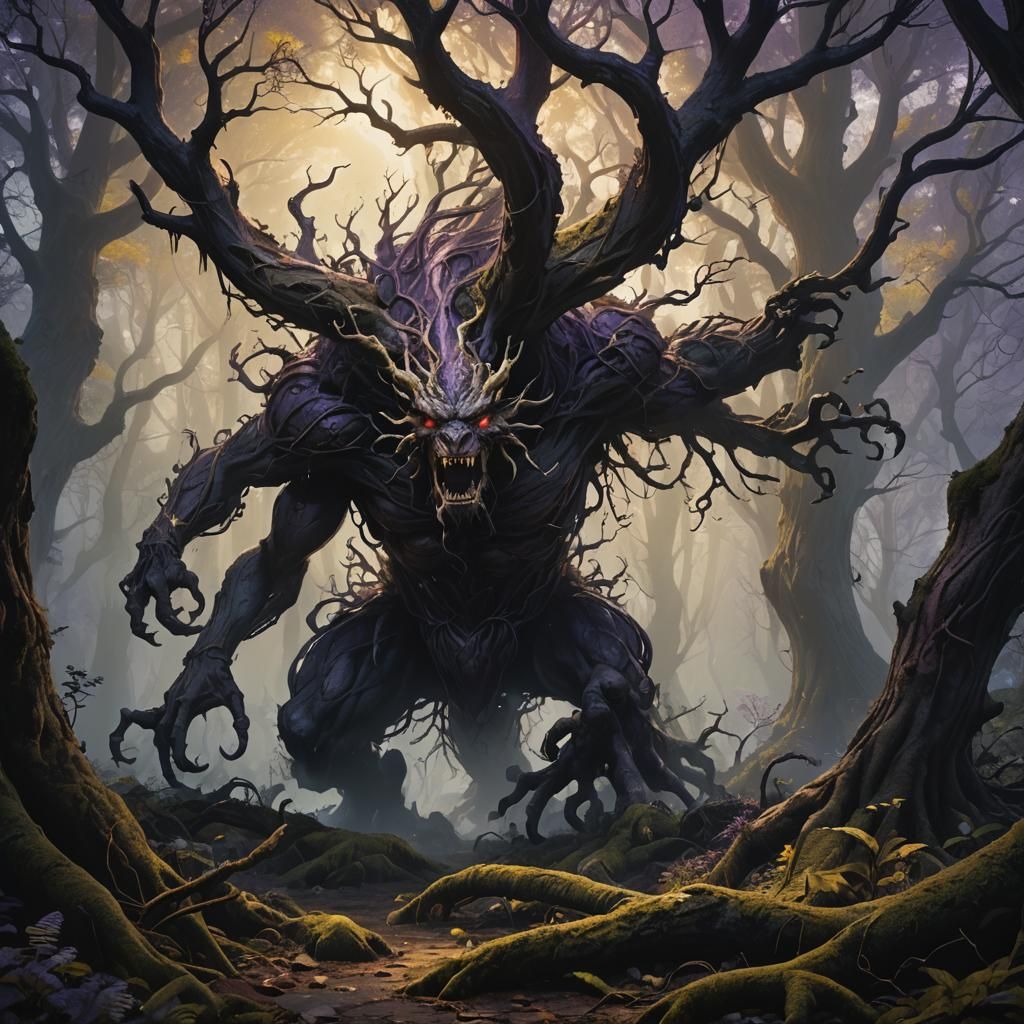 Terrifying Monster in Ancient Forest, Dark Fantasy Art