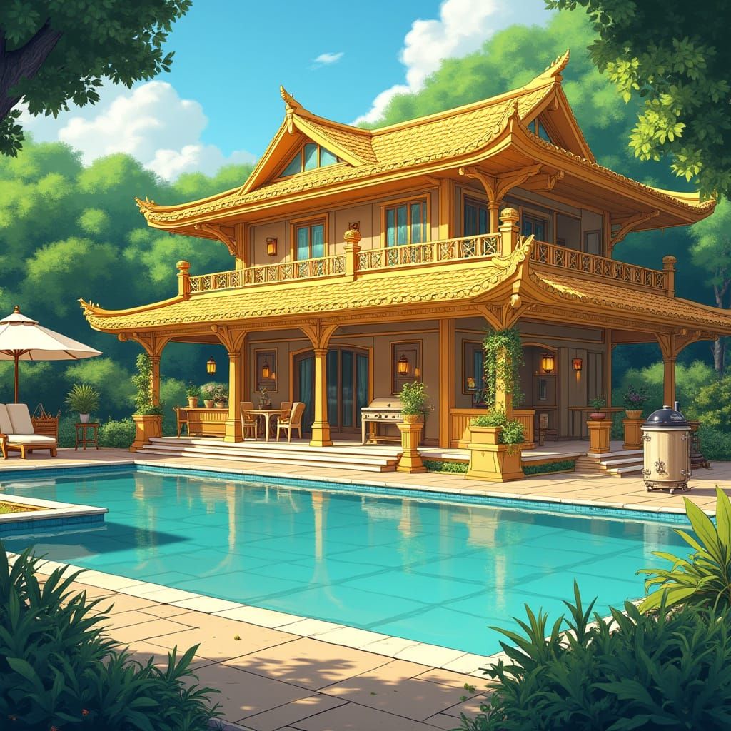 Golden Mansion with Pool and Barbecue in Anime Style