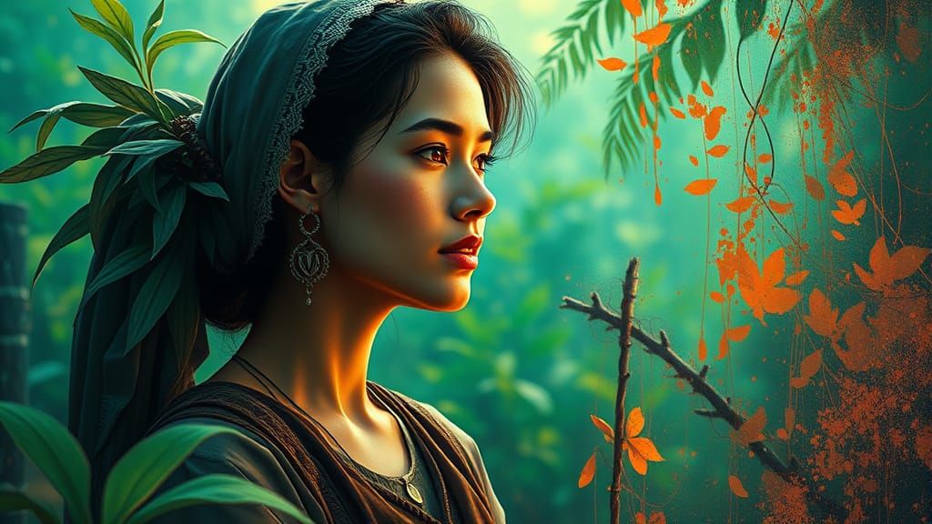 Serene Woman in Lush Greenery: Hyperrealistic Art