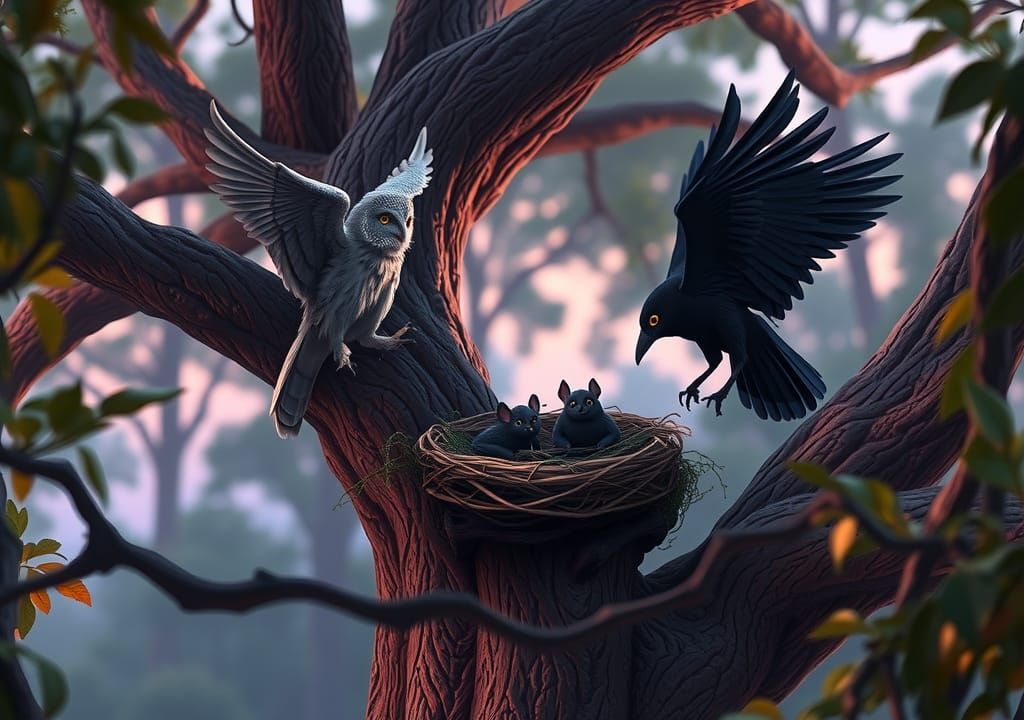 Owl and Raven Dispute Nest in Ghibli Forest