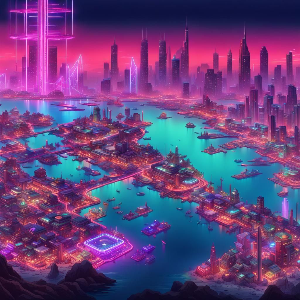 Cyberpunk Coastal State with Neon Islands