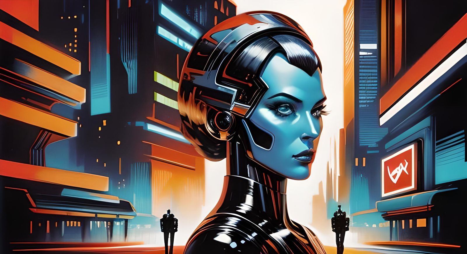 Cyborg Portrait in Retro Futuristic Metropolis