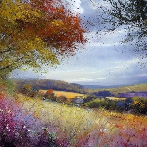 Sun Shower Over Hilly Landscape: Watercolor Art