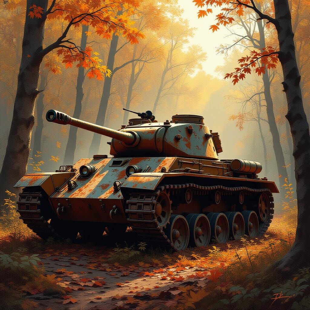 Abandoned Panther Tank in Autumn Forest Digital Painting