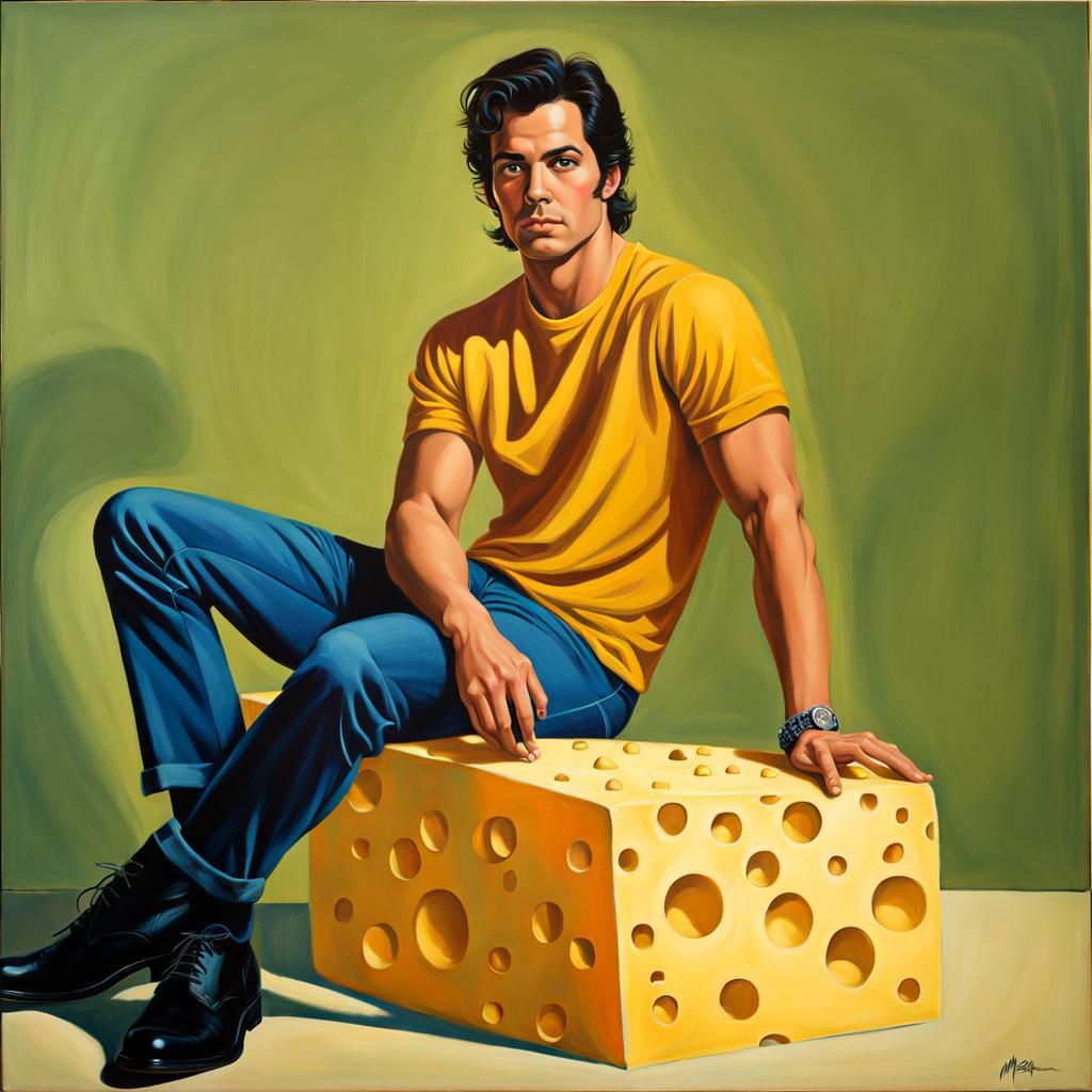 Man on Cheese Block in Pop Art Style