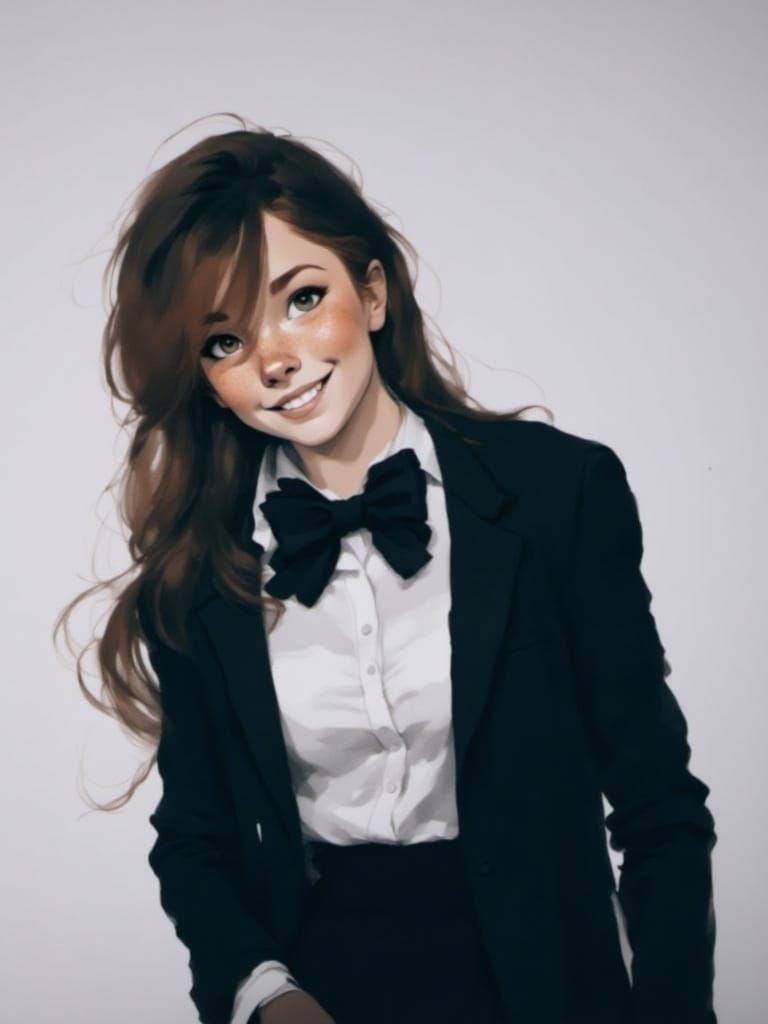Vixen wearing a tuxedo for photoshoot.