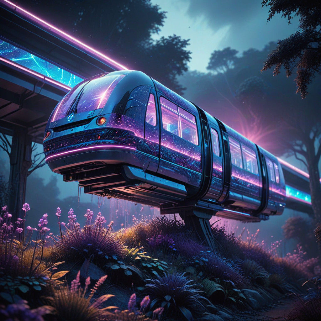 Surrealist Monorail Odyssey in Prismatic Pointillism