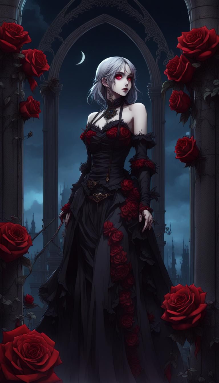 Gothic Girl with Roses and Skulls in Anime Style