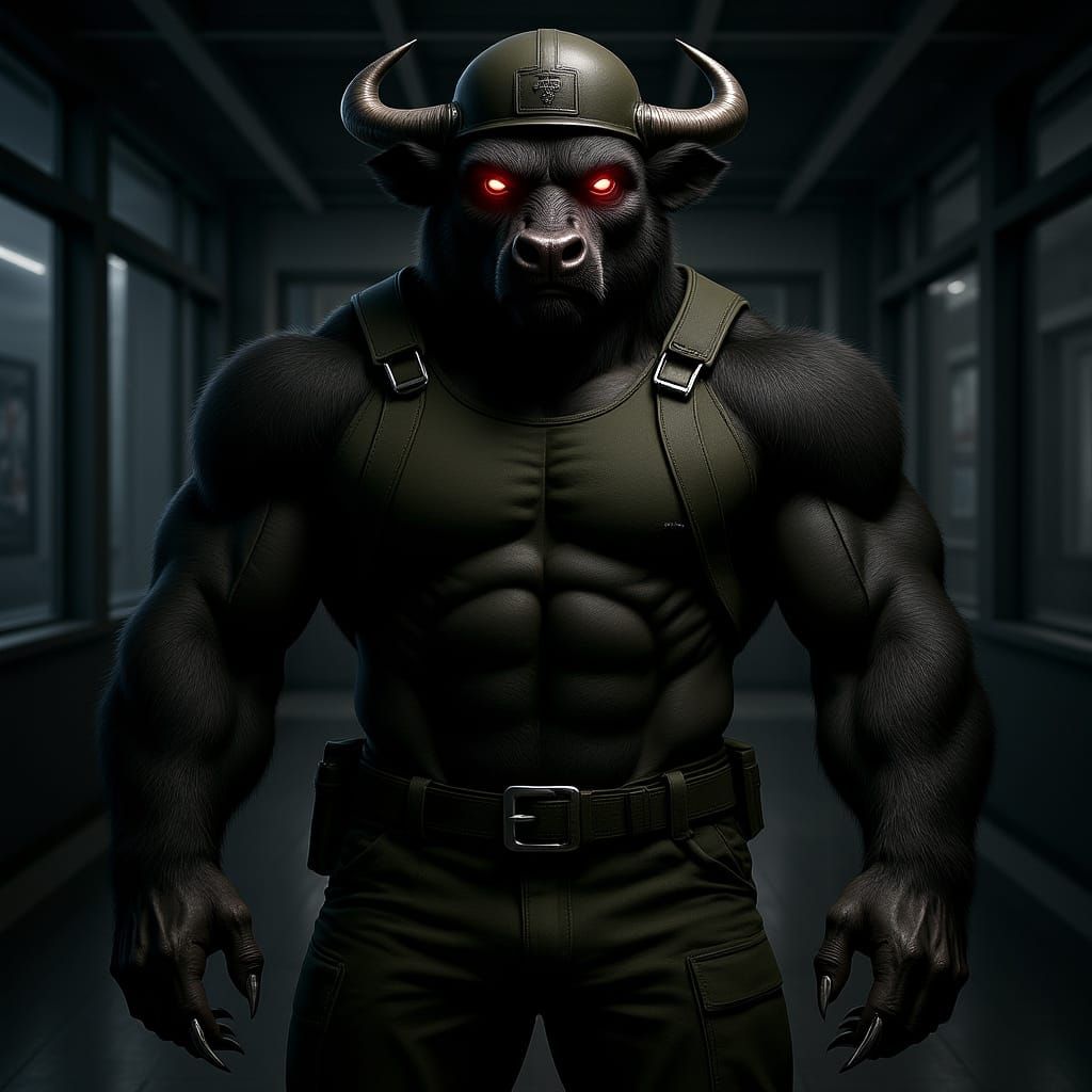 Muscular Bull Bodybuilder in Army Uniform