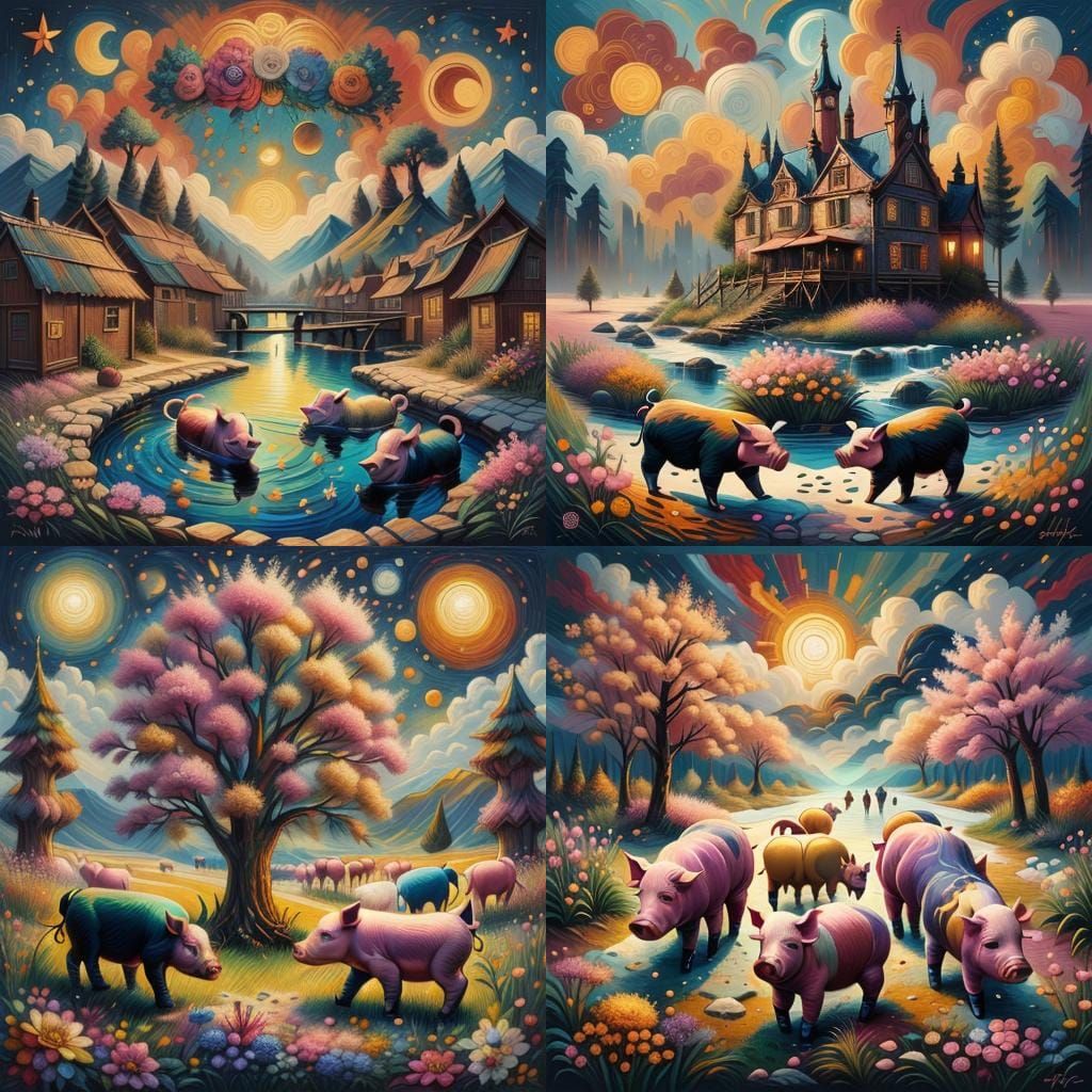 Patchwork Piglets in Surreal Folk Art Style