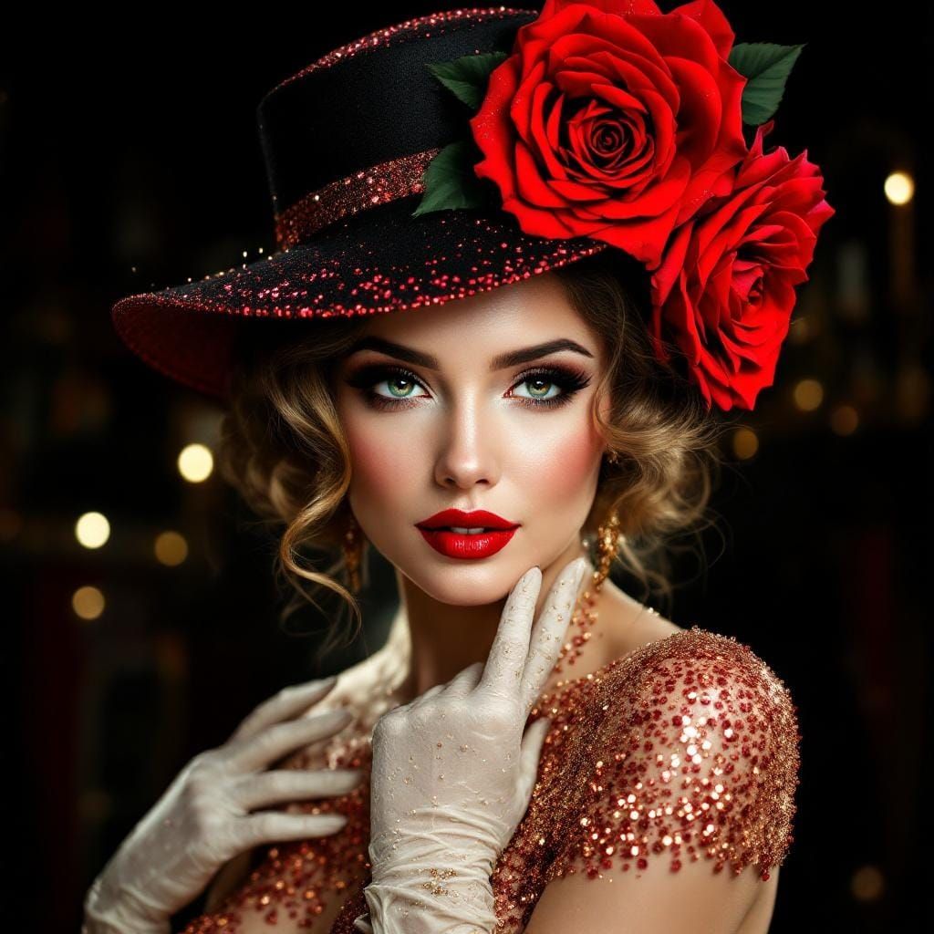 Elegant Woman with Roses in Glamorous Theatrical Style