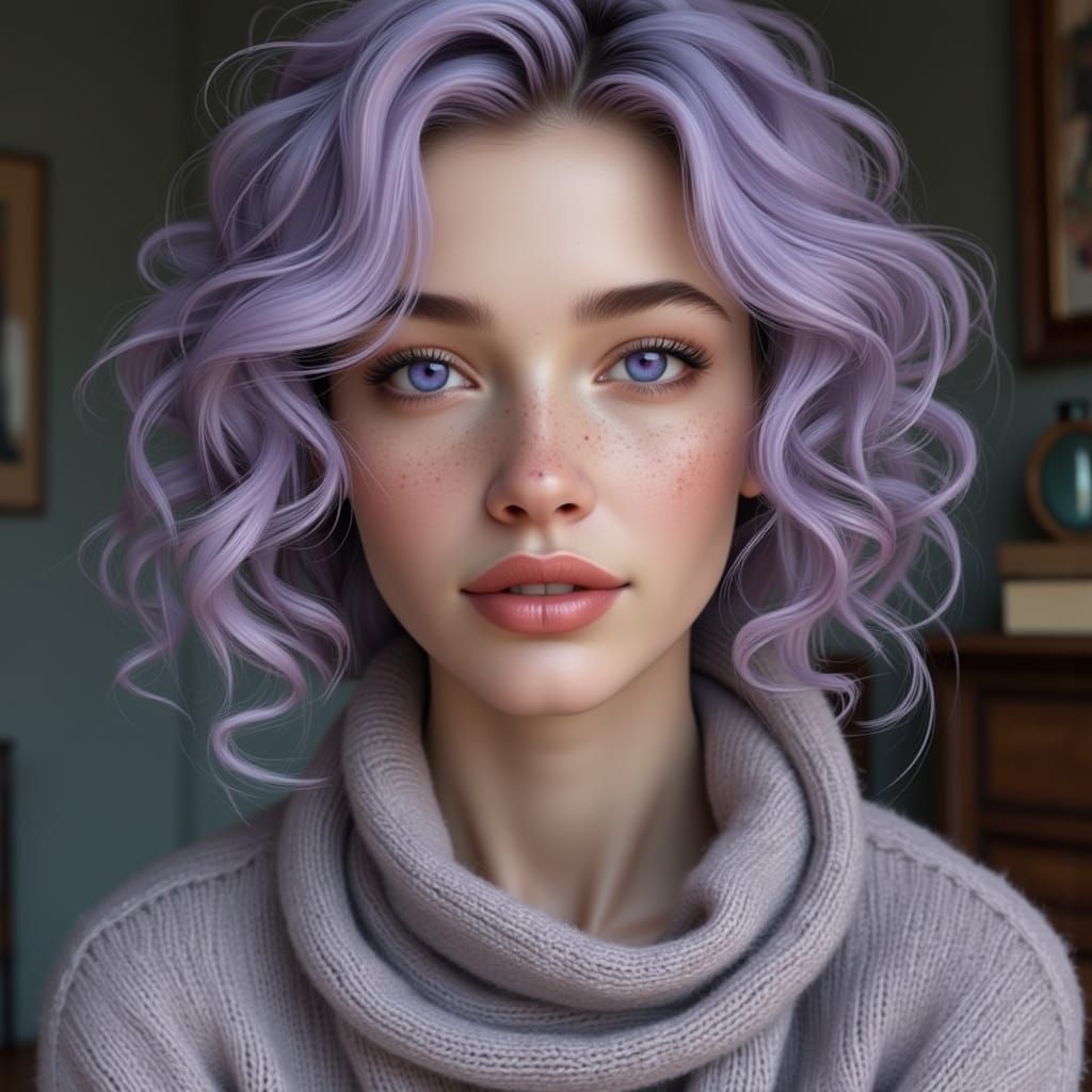 Portrait of a Woman with Lavender Hair and Scars