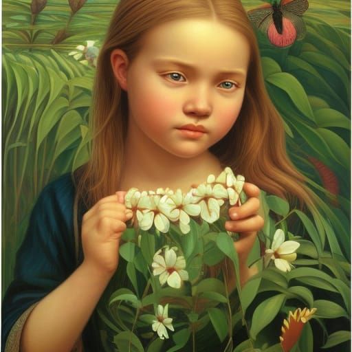 Enchanting Girl Portrait in Botanical Folk Art Style