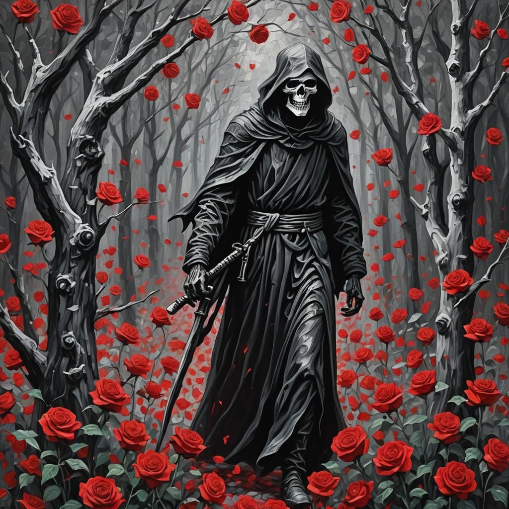 Grim Reaper in Forest of Roses: Impasto Oil Painting