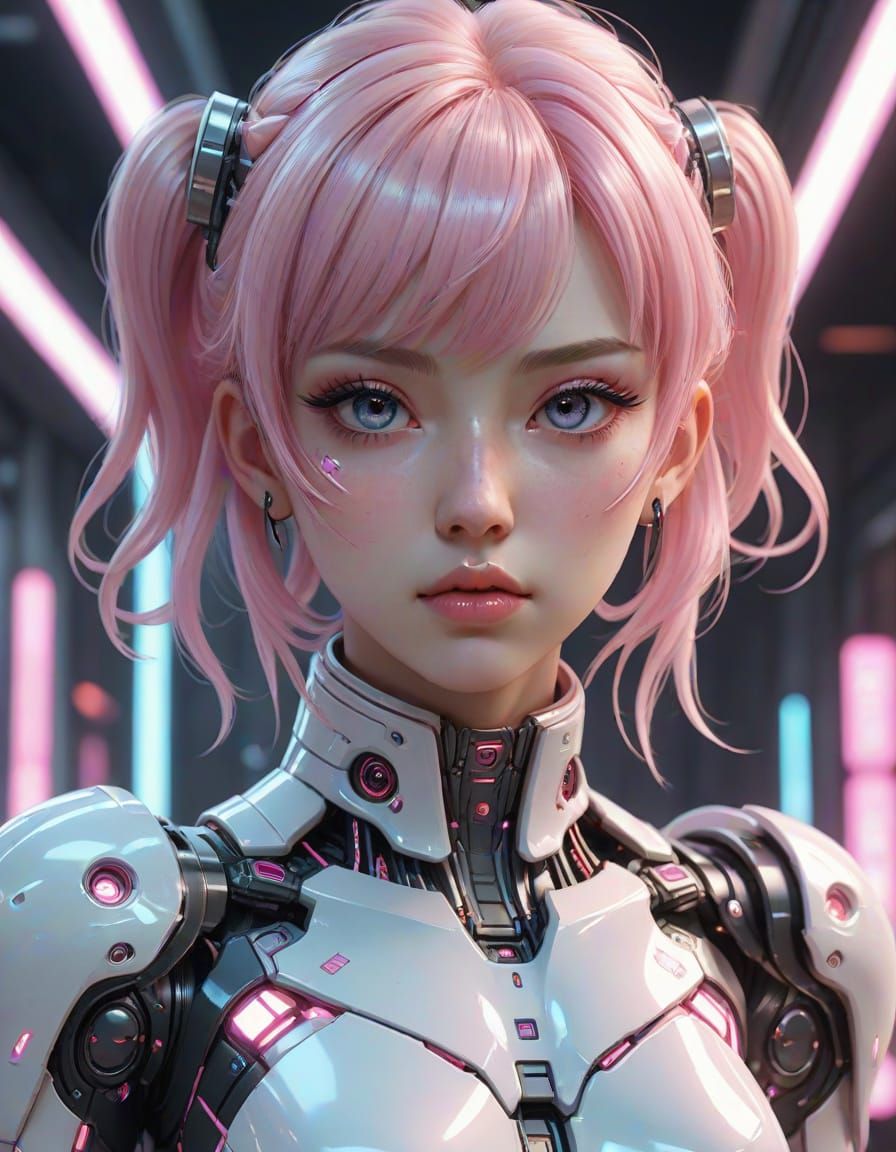 Cybernetic Girl with Pink Hair in 3D Anime Style