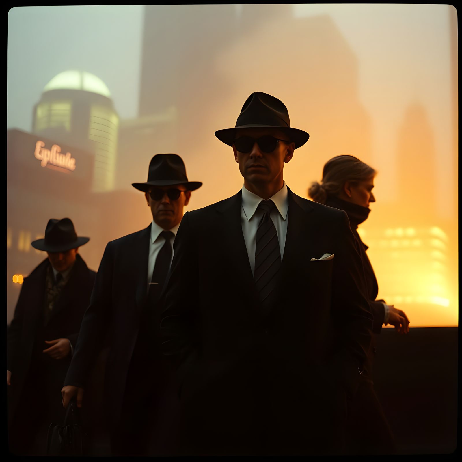 Sophisticated Spies in a Rainy Cityscape, 1960s Cinema Style