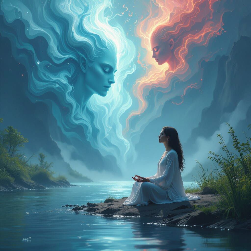 Ethereal Woman Meditates by River, Good vs Evil Thoughts Abo...