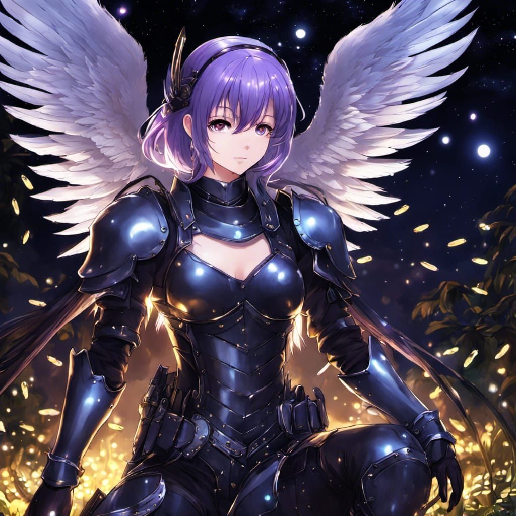 Anime Knight with Angel Wings in the Night