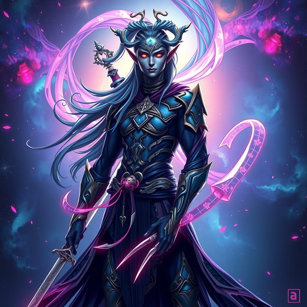 Drow Elf Samurai in Swirling Nebula, Digital Art