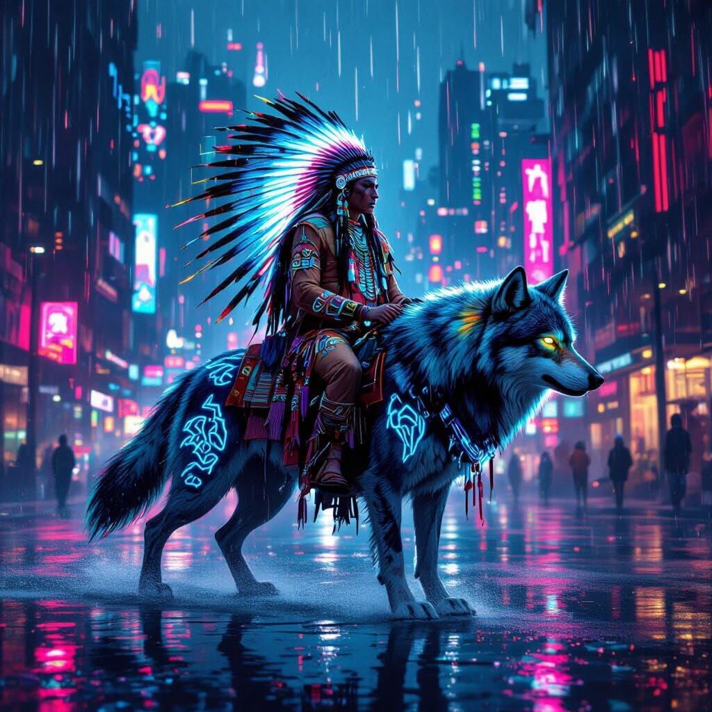 Shaman Rides Spirit Wolf Through Cyberpunk City