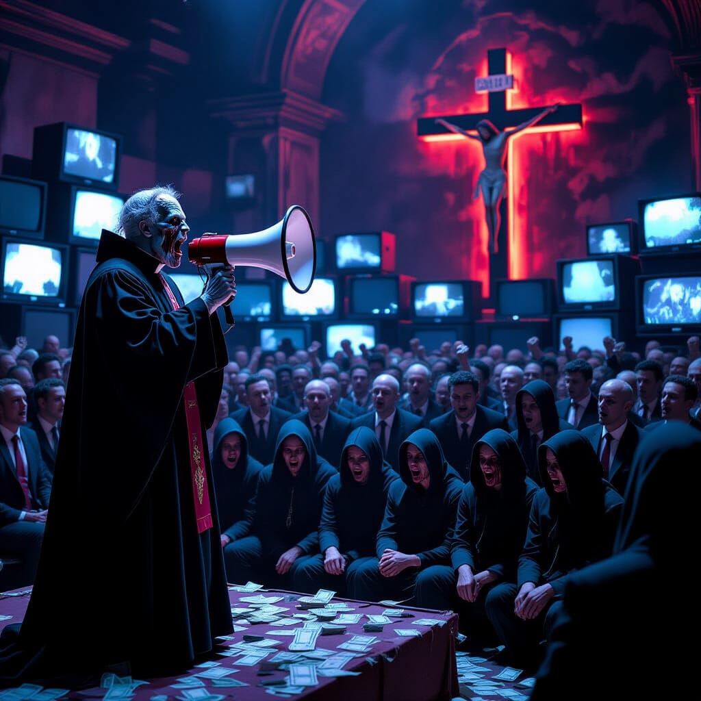 Zombified Priest Shouts to Crowds in Dystopian Cyberpunk Chu...